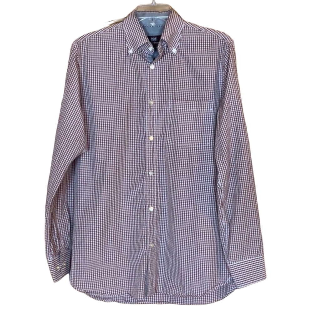Hickey Freeman burgundy plaid button down shirt Size Medium